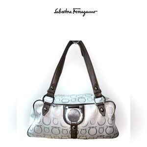Salvatore Ferragamo AU-21 6841 Gray Signature Logo Canvas Satchel Leather
